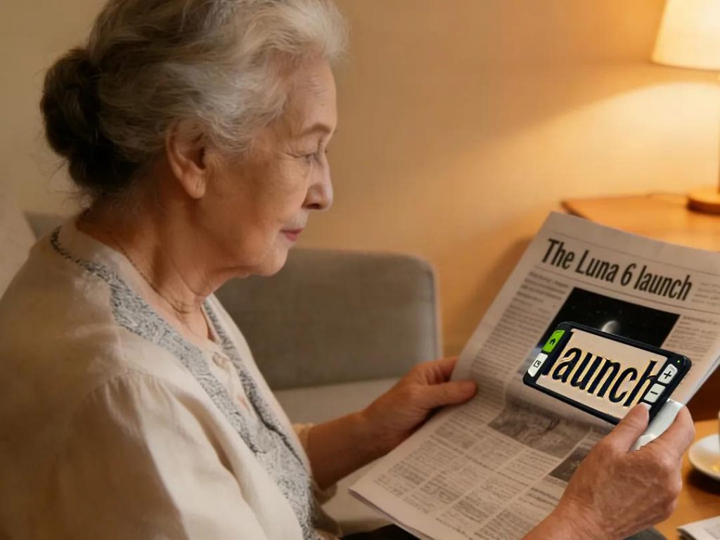 低视力老年用户正使用luna 6助视器阅读报纸
