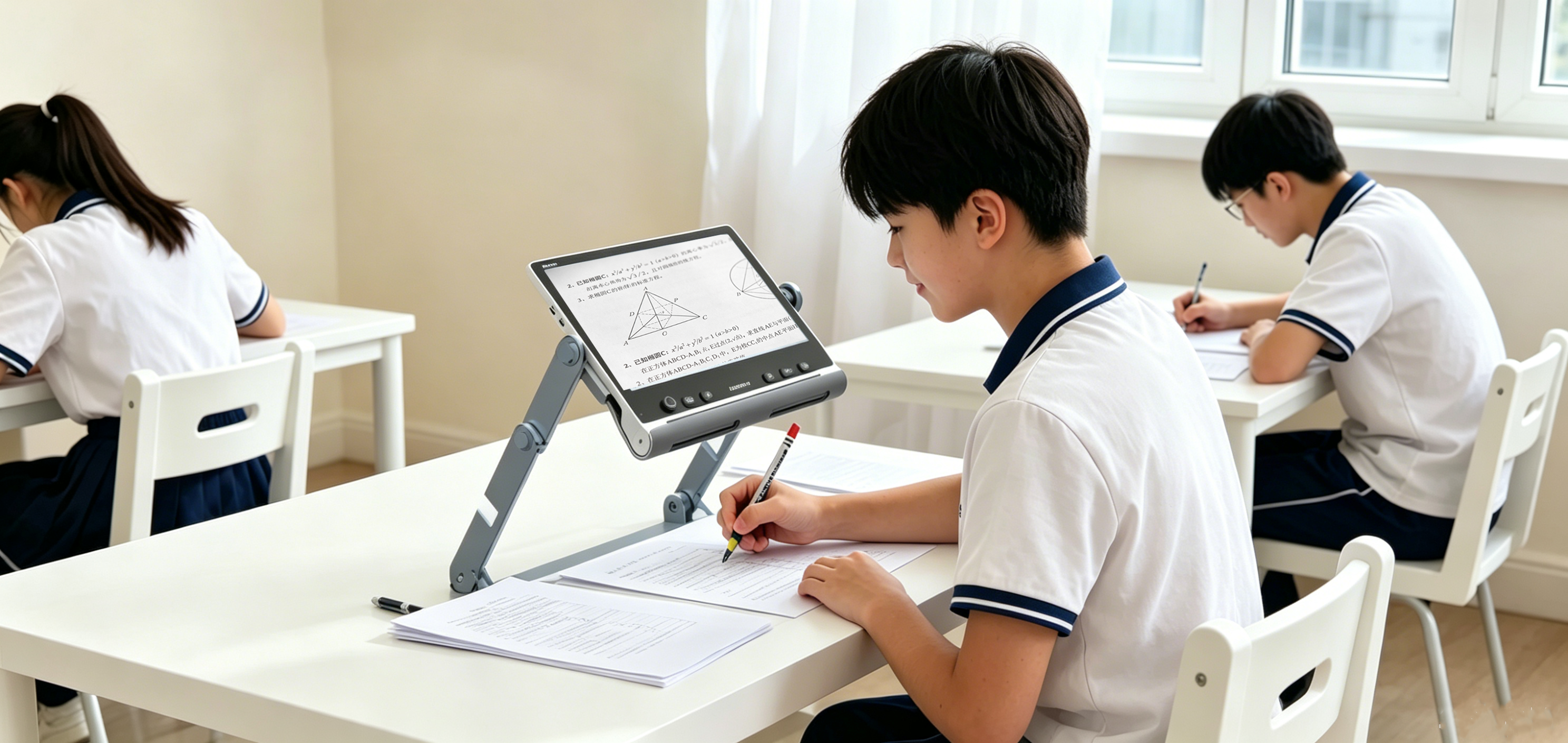 低视力学生使用snow 12 电子助视器做数学试卷