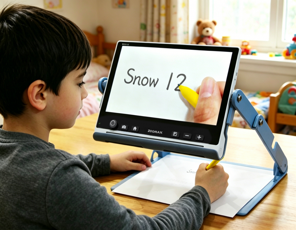低视力男孩使用snow 12电子助视器书写，折叠支架辅助端正坐姿