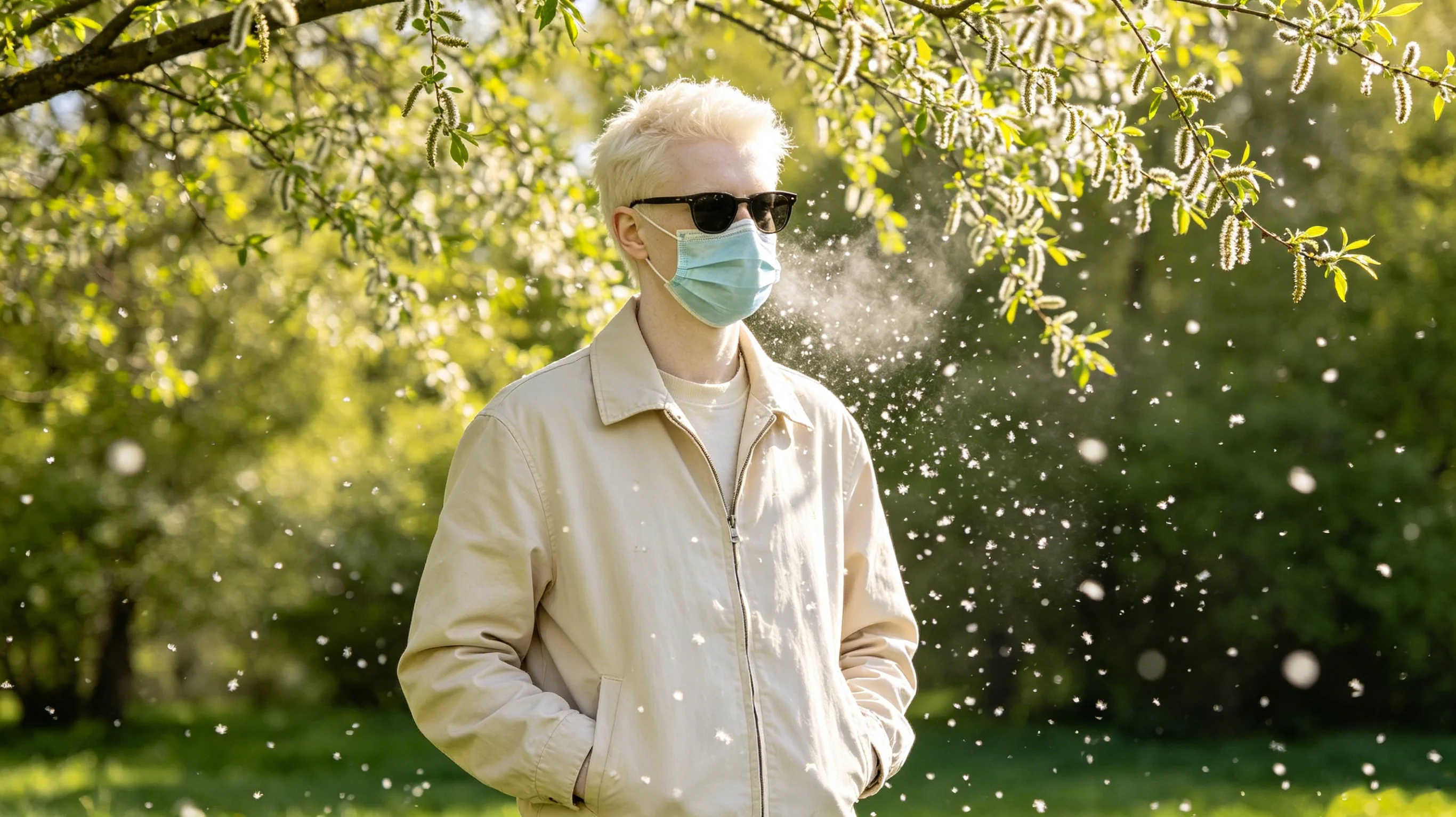 白化病人士在户外，佩戴墨镜与口罩防护环境刺激